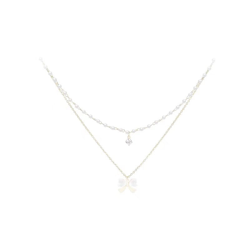 Women's Twin Pearl Sweet Bow Pendant Niche Necklaces