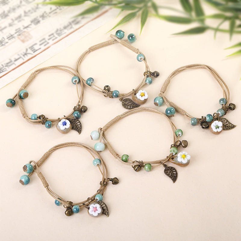 Women's Ceramic Flower Woven Ethnic Artistic Carrying Bracelet