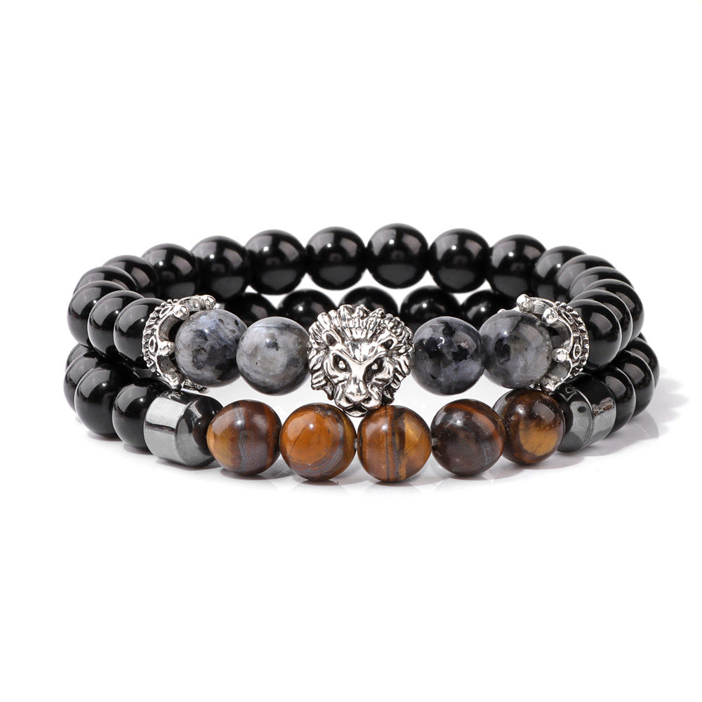 Men's Natural Stone Beads Retro Business Bright Black Lion's Bracelet