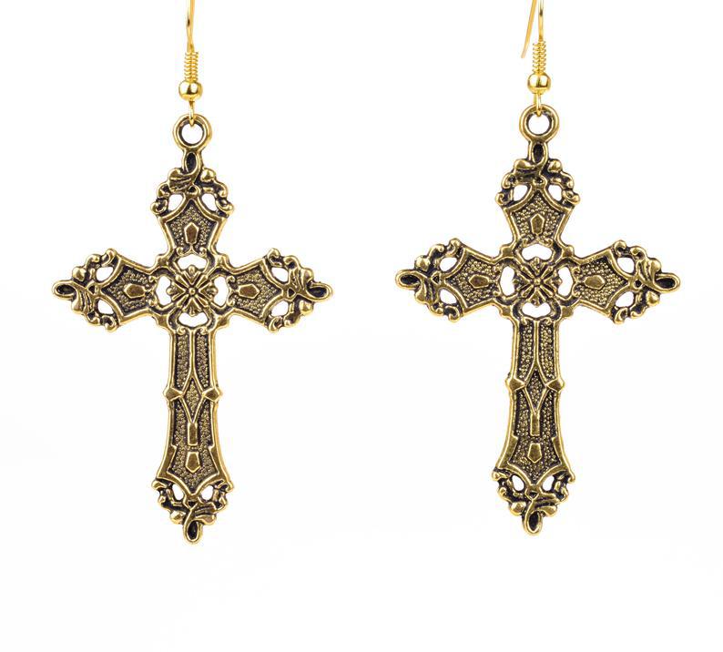 Boucles d'oreilles pendantes croix baroque vintage bohème Madonna