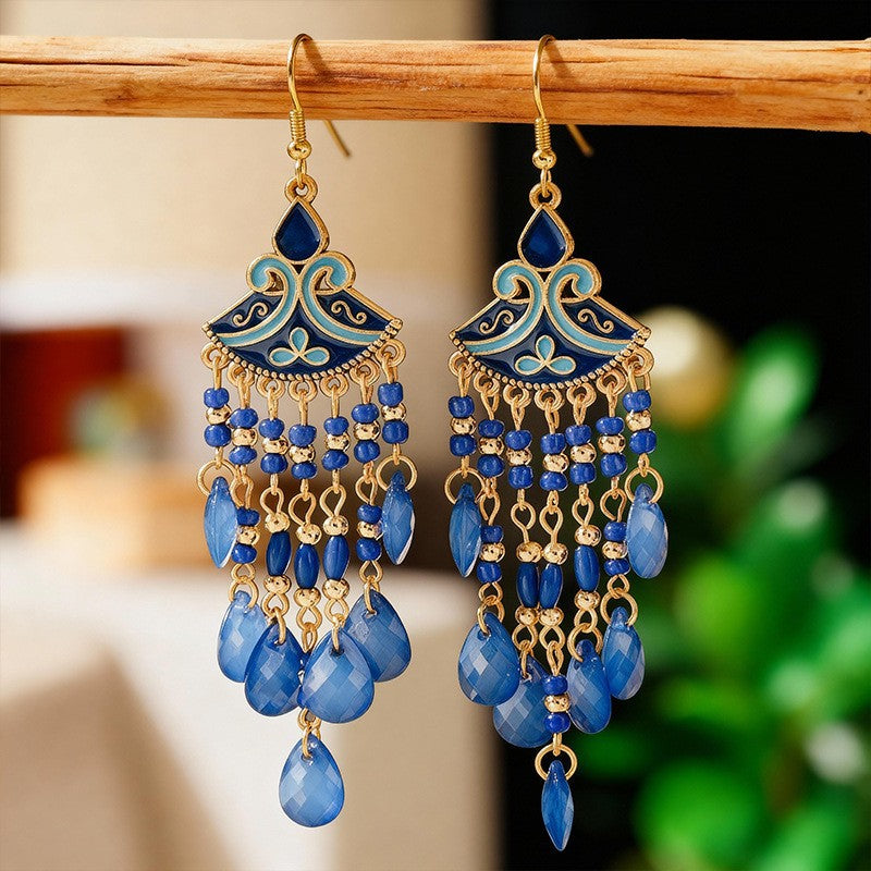 Ethnic Style Tassel Long Bohemian Crystal Yunnan Summer Earrings