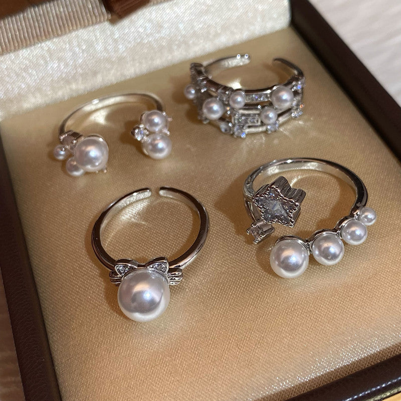 Pearl Shining Diamond Open Female Design High Sense Ring