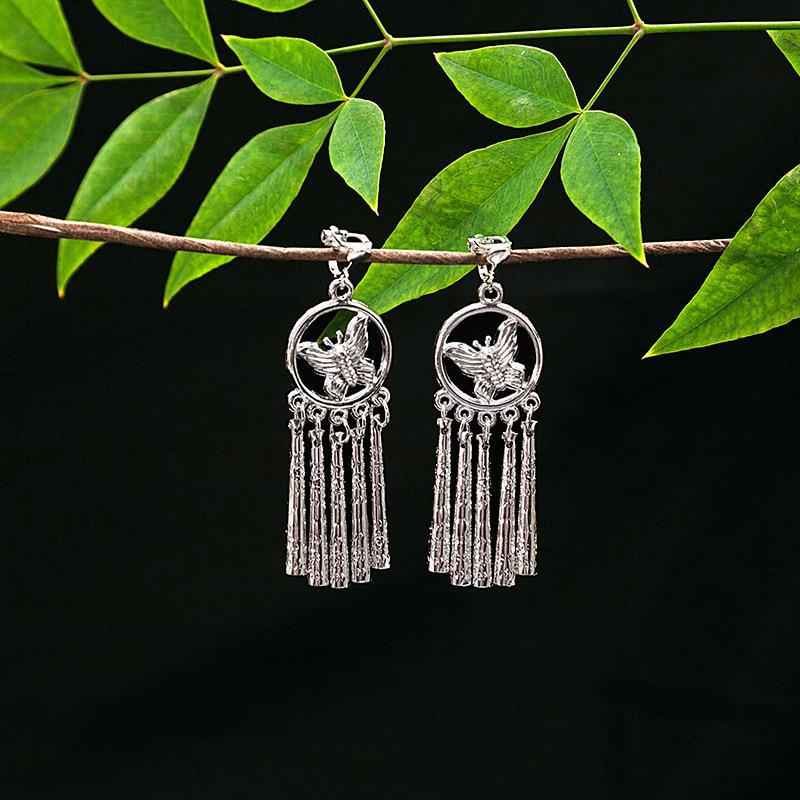 Women's Ethnic Geometric Tassel Ear Clip Miao Sier Retro Elegant Earrings
