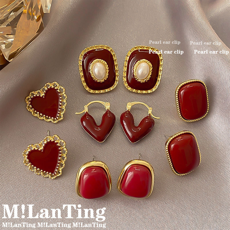 Women's Retro Wine Red For Design Simple Earrings