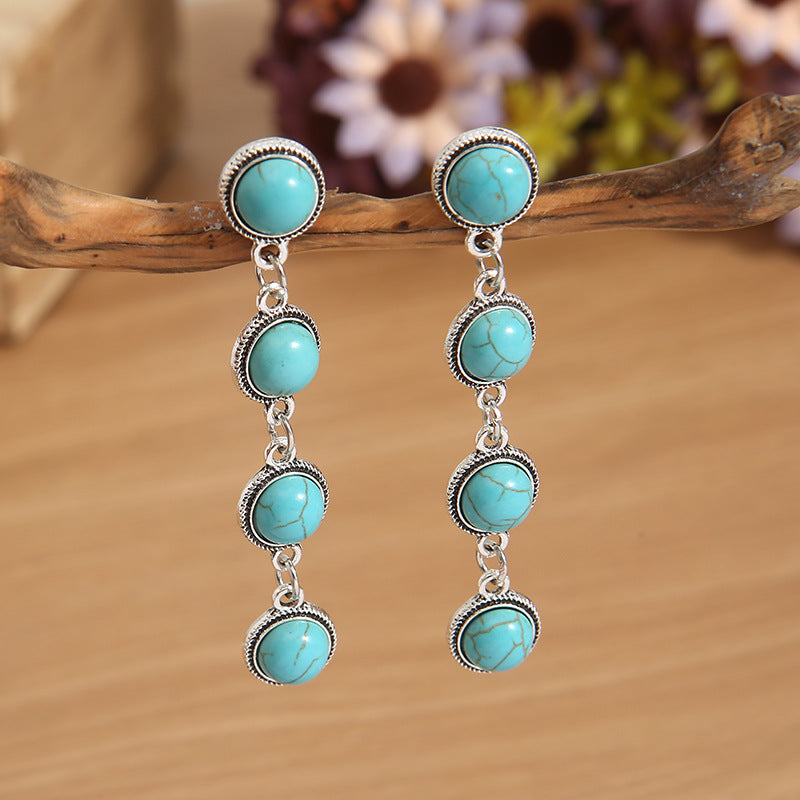 Round Long Eardrops Ear Turquoise Tassel Simple Rings