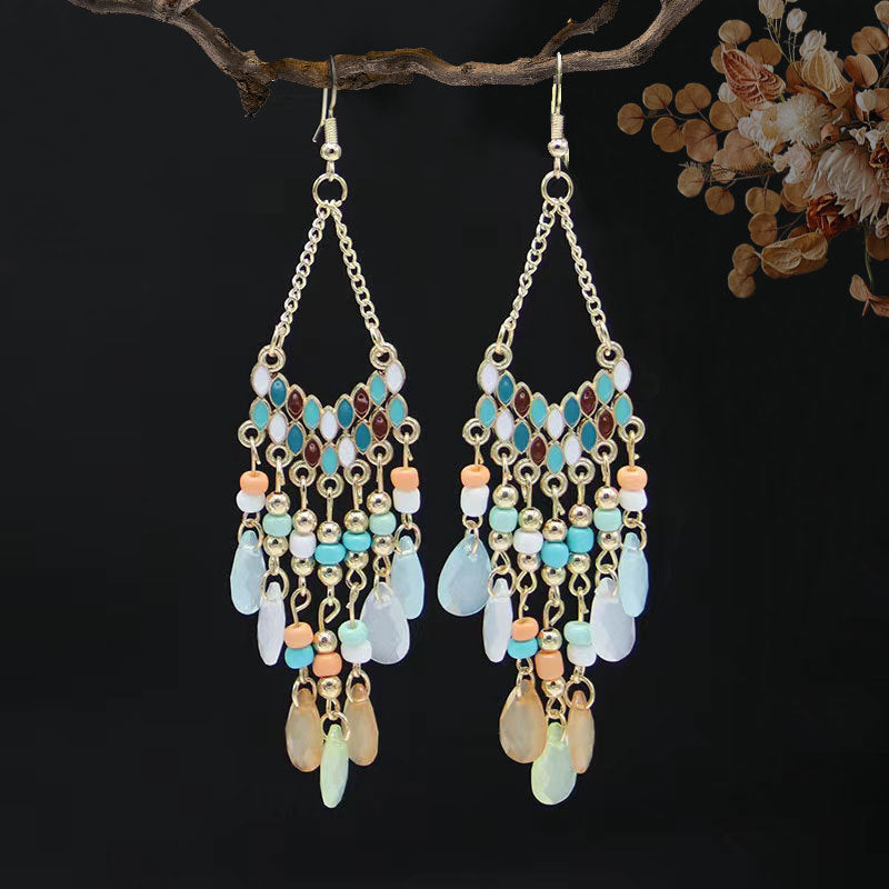 Ethnic Style High-grade Long Beaded Drop Tassel Bohemian Earrings