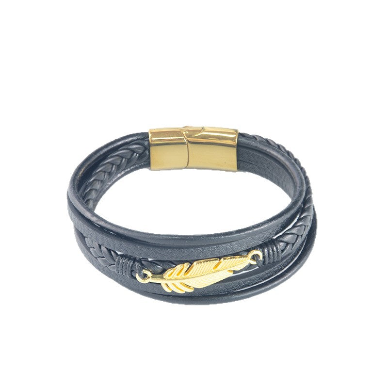 Men's Steel Feather Vintage Woven Leather String Bracelet