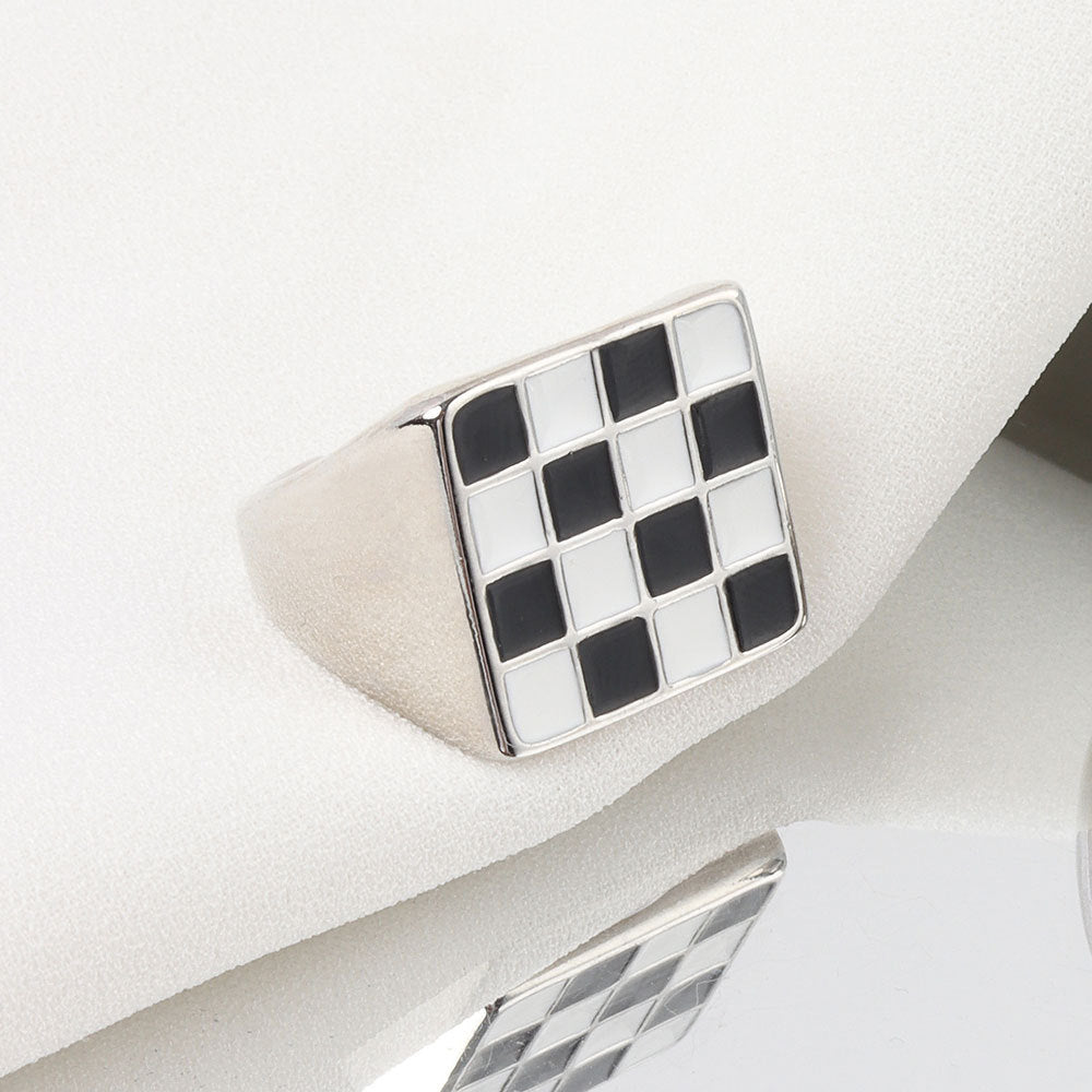 Chessboard Plaid Metal Open Cold Style Twin Rings