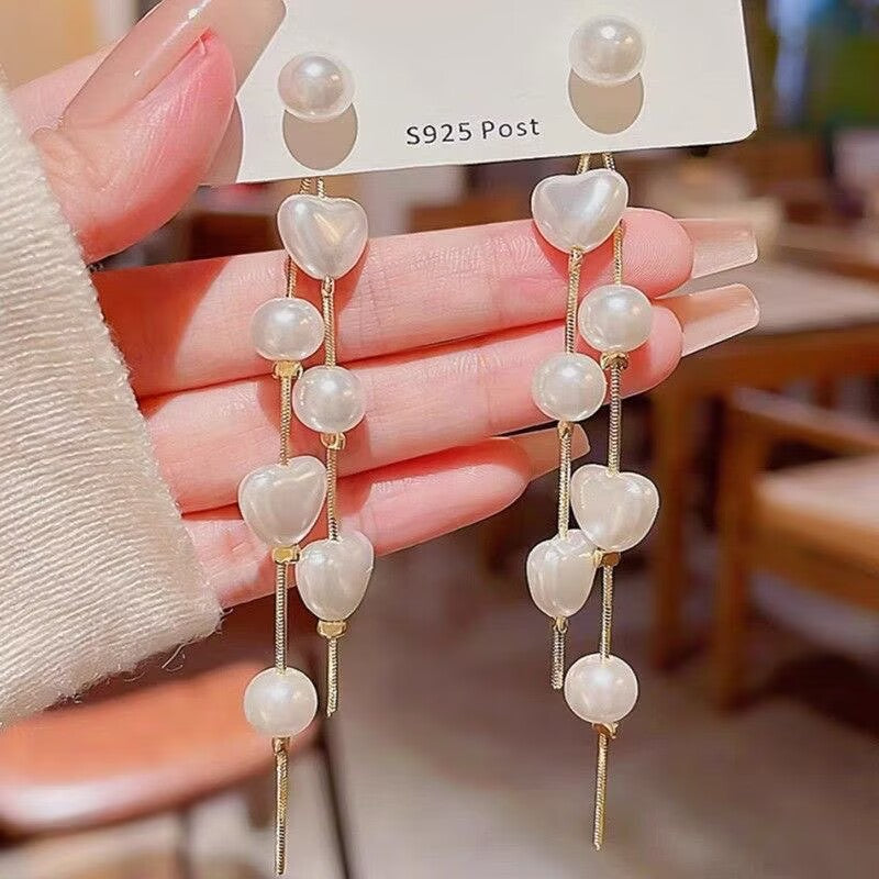 Pearl Sier Trendy Heart Tassel Eardrop Niche Design Temperament Stud Earrings