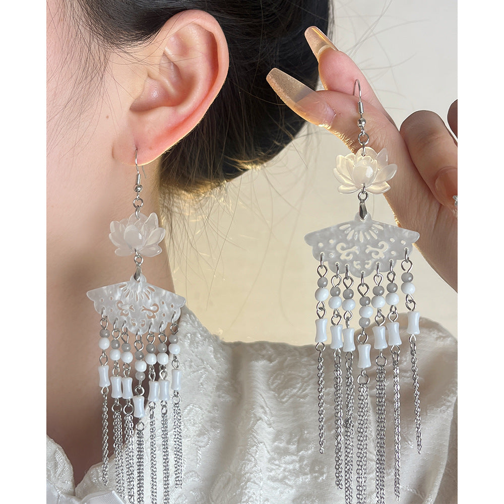 Women's Style Natural Lotus Jade Hollow Out Fan Beaded Tassel Ancient Earrings