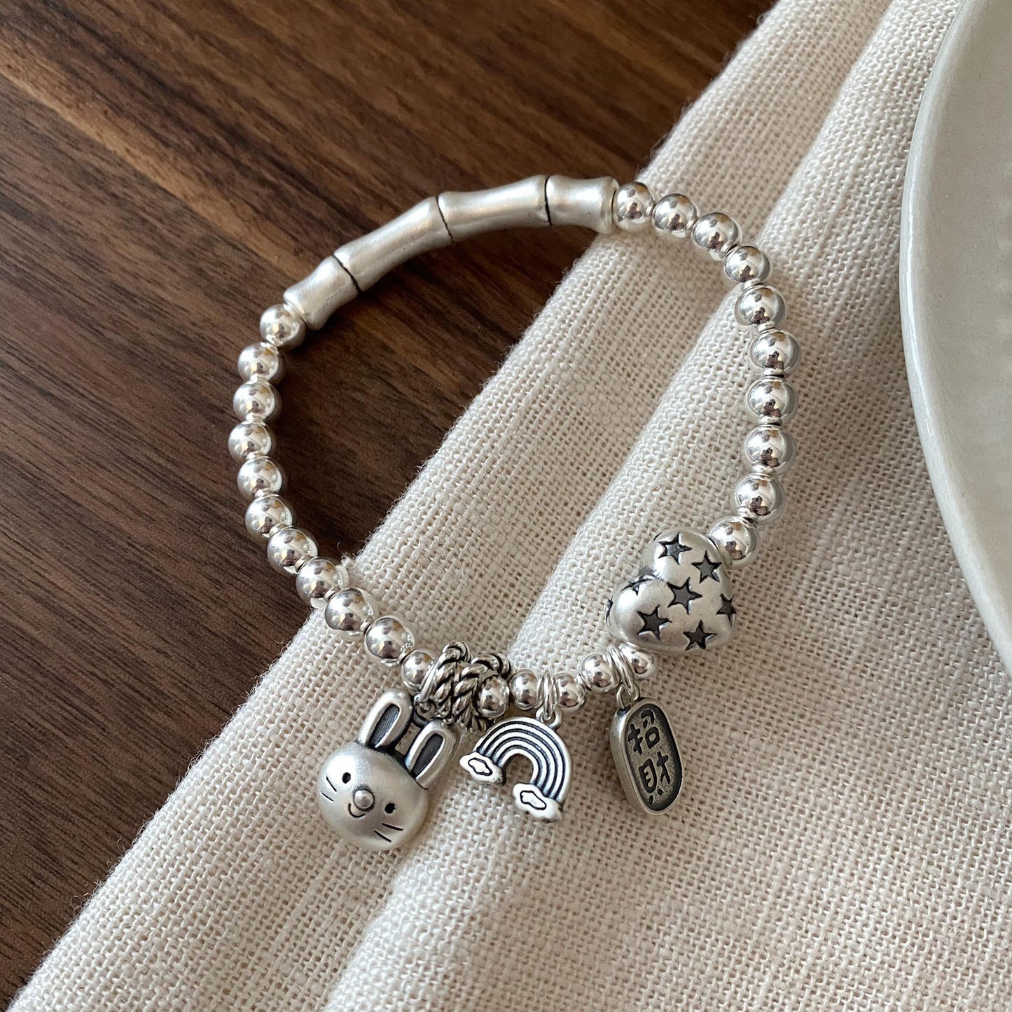 Light Luxury Minority Design Rabbit Bamboo Heart-shaped Beaded Female Retro Bracelet
