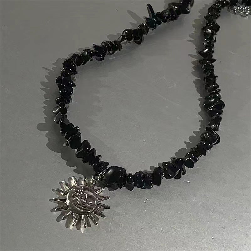 Women's Sunflower Design Black Gravel Sweater Chain Tide Necklaces