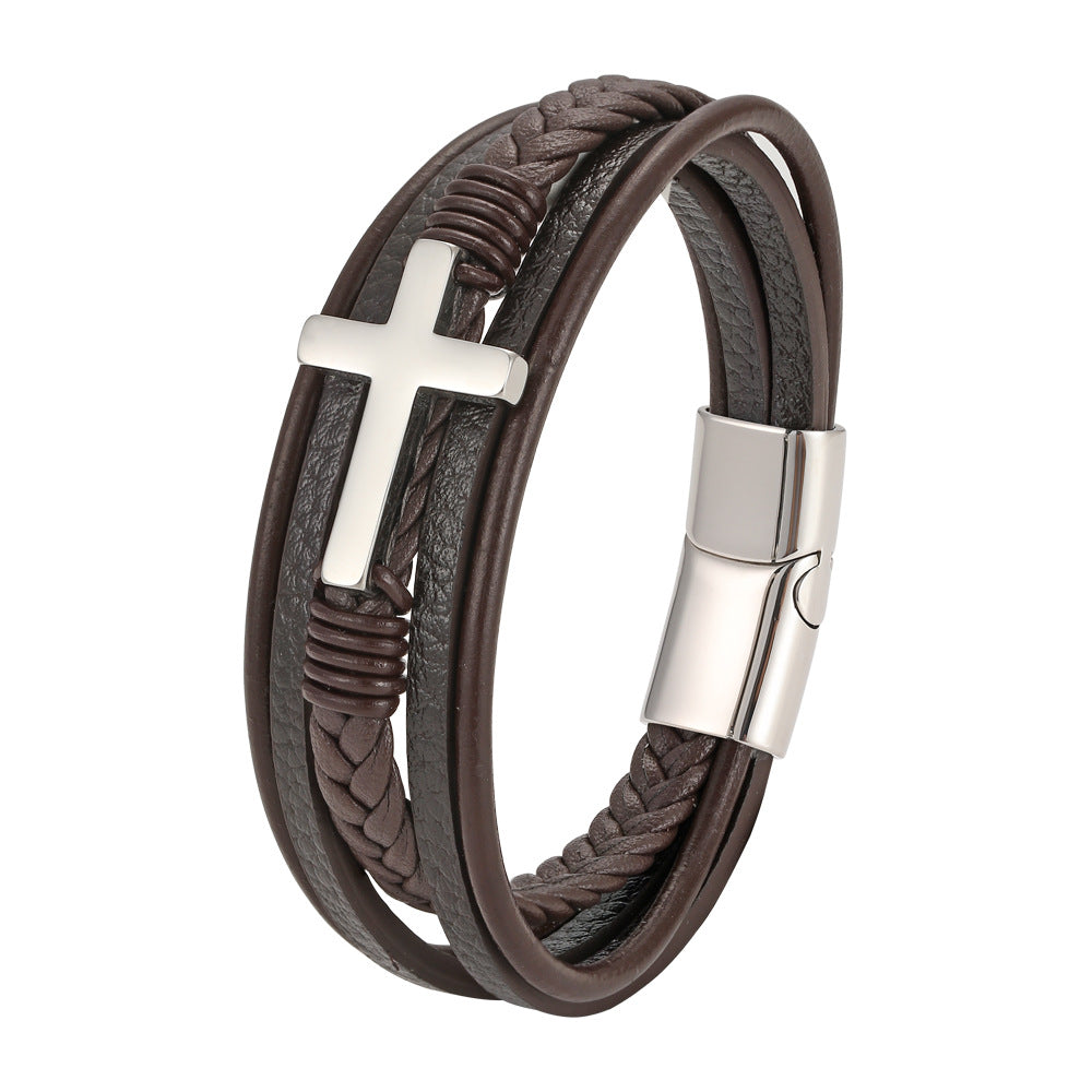 Men's Coffee Color Leather Cross Rope Woven Stainless Steel Genuine Bracelet