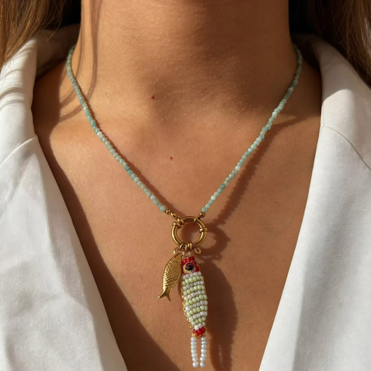 Women's Dopamine Beaded Fish Stainless Steel Natural Stone Bead Summer Necklaces