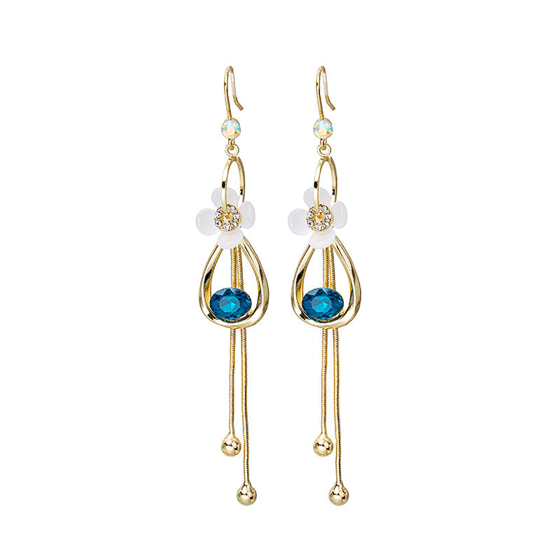 Tassel Korean Style Blue Crystal Geometric White Flower Earrings