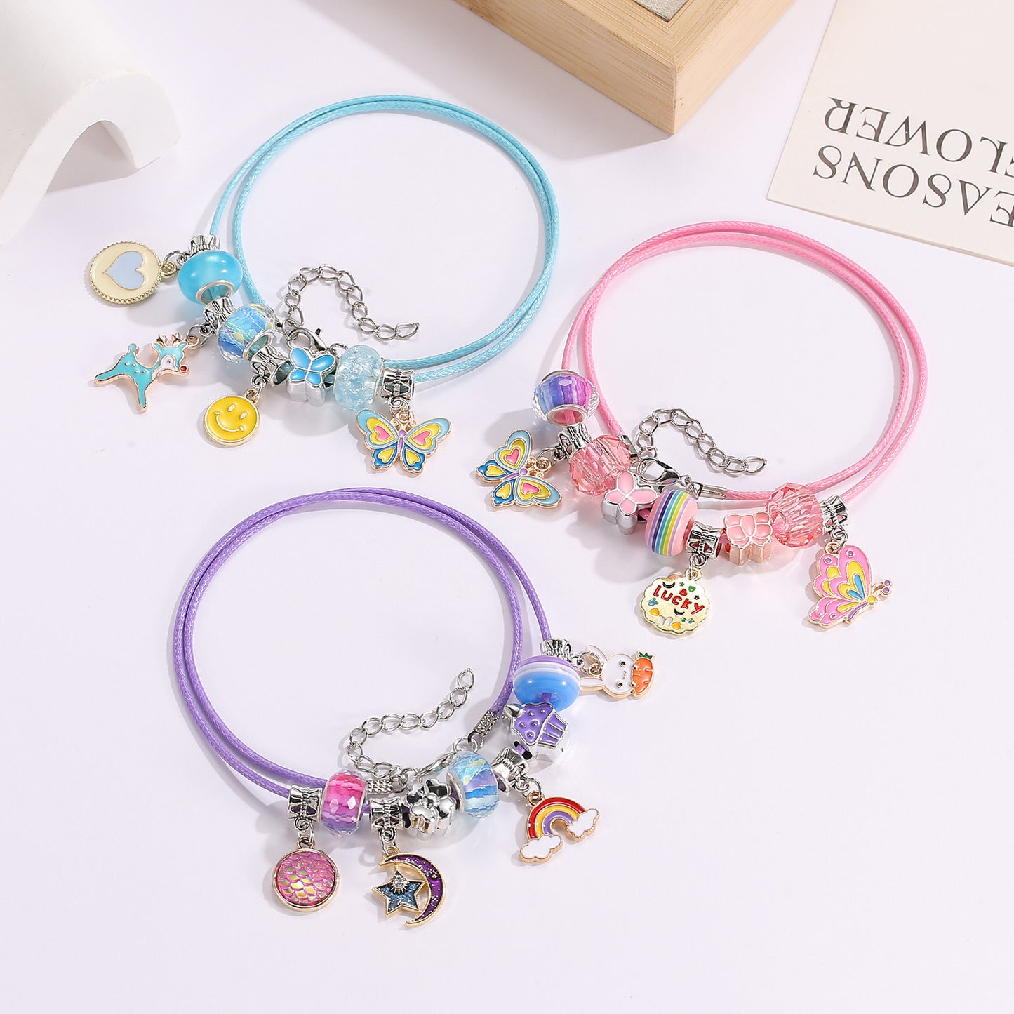 Wind Sweet Flowers Pink Butterfly Handmade String Beads Beaded Birthday Bracelets