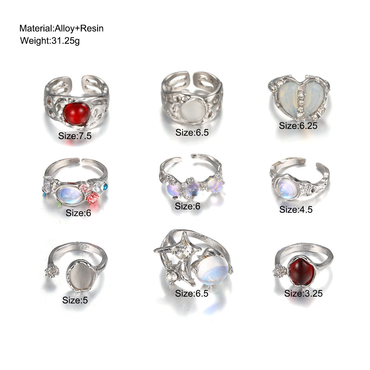 Cold Style Opal Split Heart-shaped Open Suit Pieces Female Personality Ring