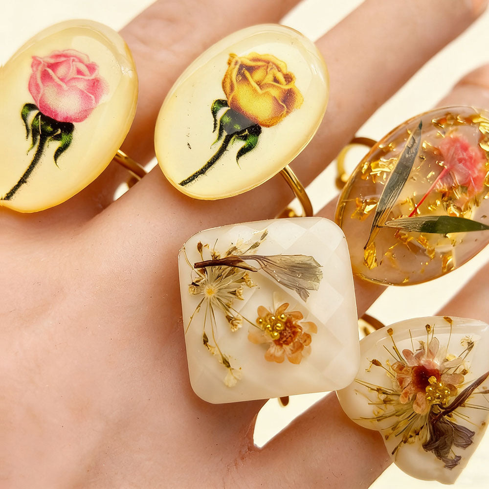 Dried Flowers Gypsophila Peach Heart Square Resin Stainless Steel Open Ring