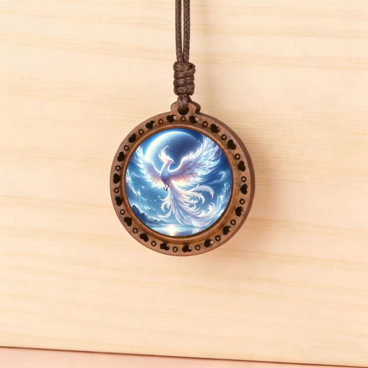 Phoenix Pattern Glass Wooden Unisex Adjustable Necklace