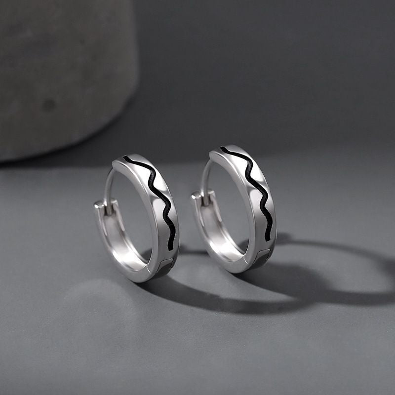 Men's Black White Striped Design High Sense Ear Trendy Unique Rings