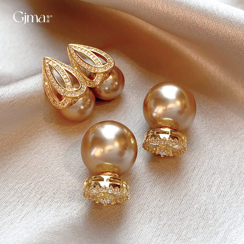 Plated Sier Needle Zircon Flower Champagne Pearl Fashionable Earrings