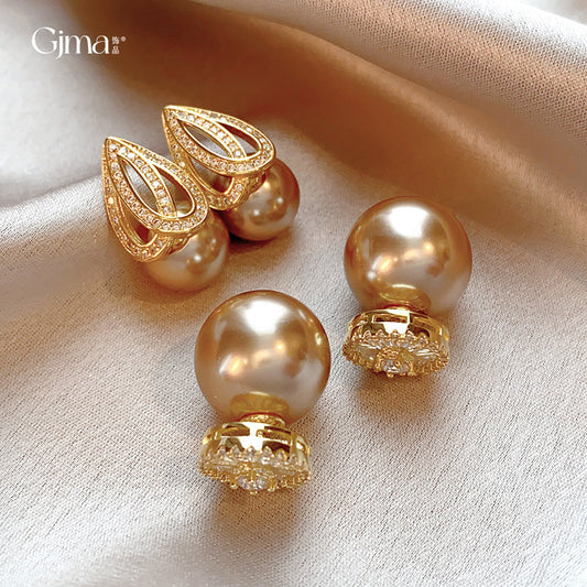 Plated Sier Needle Zircon Flower Champagne Pearl Fashionable Earrings