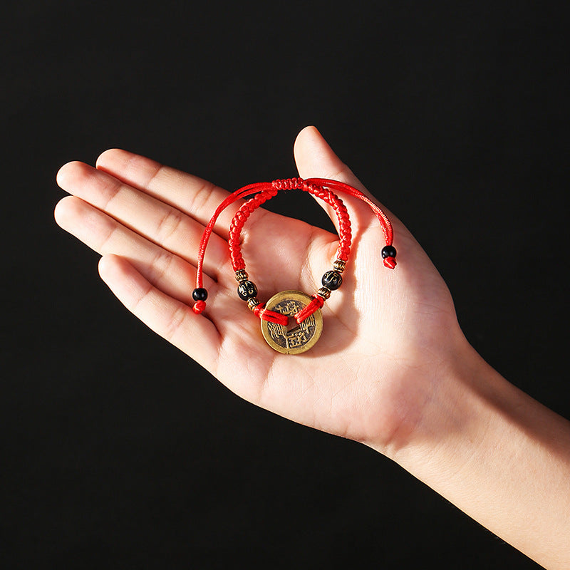 Bracelets de bijoux en corde rouge pour femmes et hommes, cinq pièces de monnaie tissées à la main