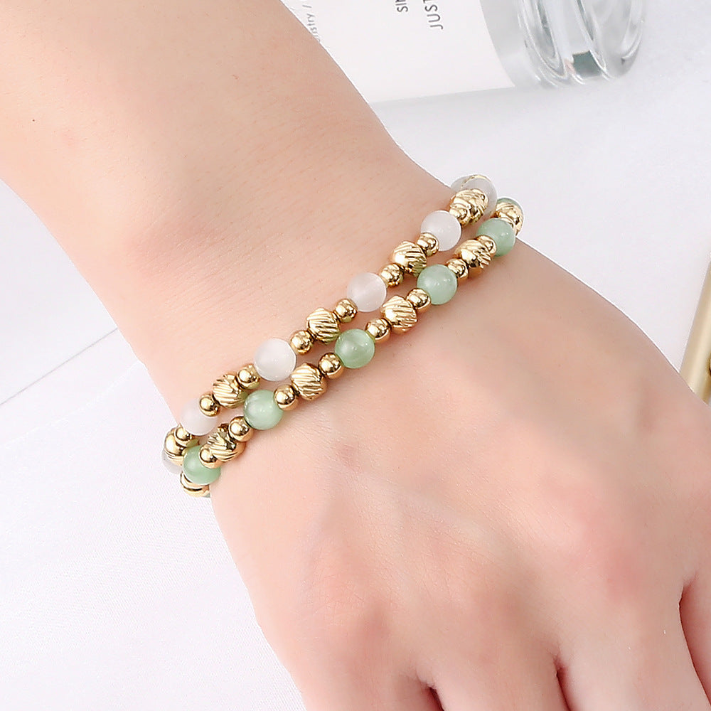 Steel Waterproof Hard-wearing Shiny Opal Round Beads Batch Pattern Elastic Bracelet