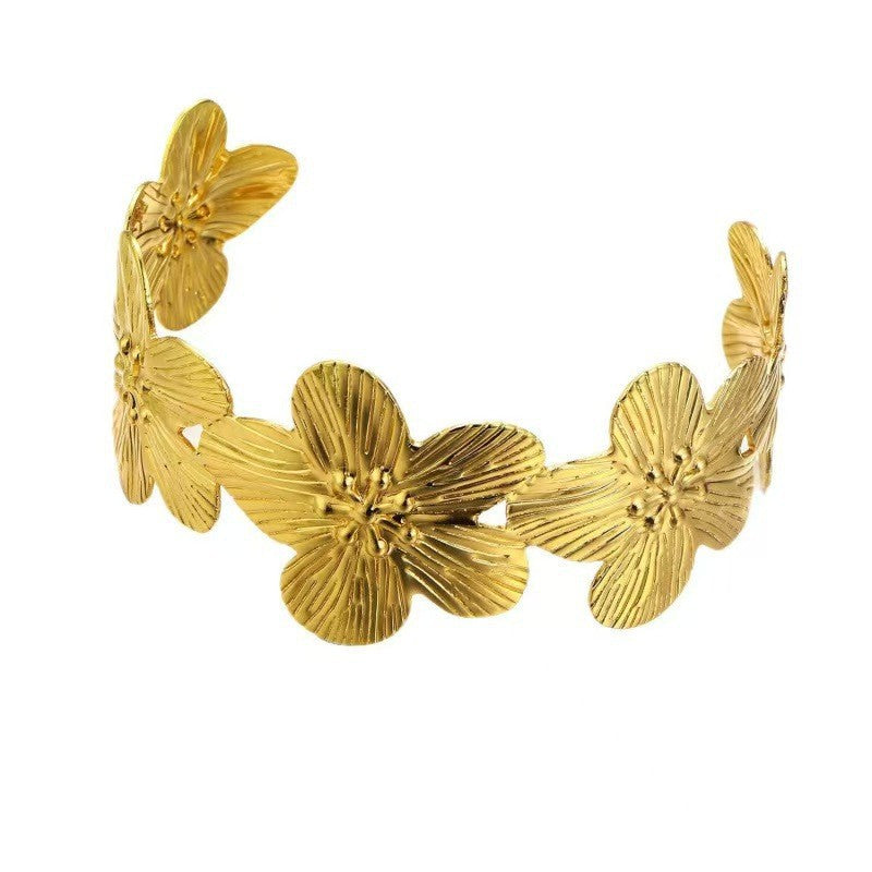 Retro With Opening Metal Exaggerated Design Flower Stainless Steel Bracelets