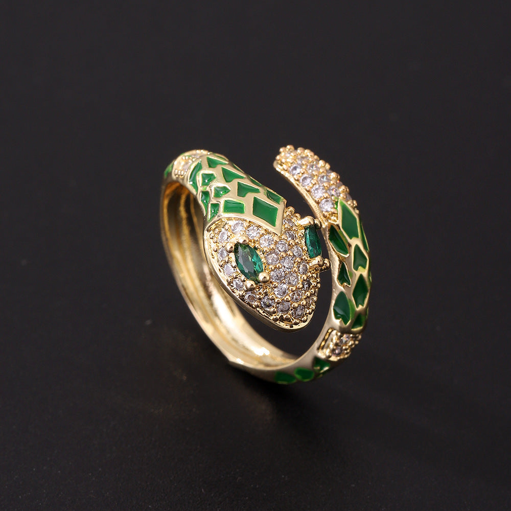 Women's Plated Vintage Green Eye Snake Open Light Rings